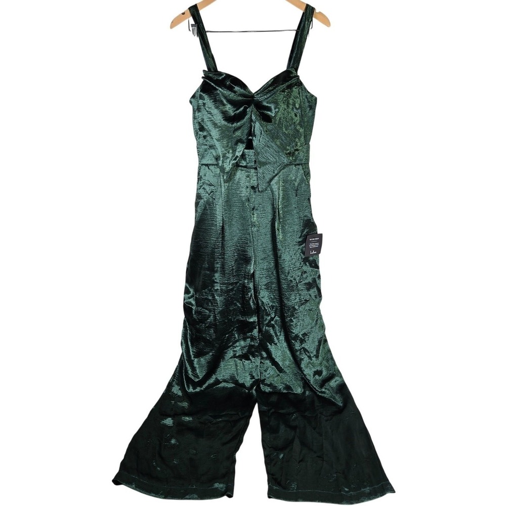 Lulus Emerald Green Satin Cutout Wide Leg Jumpsuit Size M‎ Date to Remember